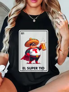 Women's 100% Cotton Casual Round Neck Short-Sleeve Vintage Graphic Tshirt, Lady's Everyday Streetwear for Mexican Uncle Bingo Card Enthusiasts